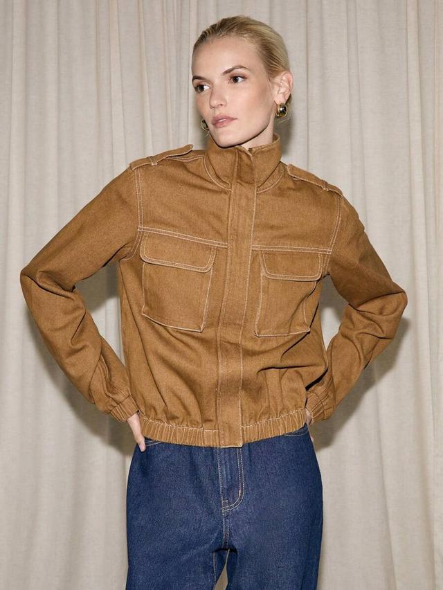 brown corduroy bubble utility cropped jacket with patch pockets