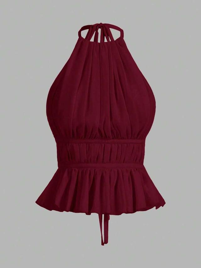 maroon pleated halter neck waist-tied backless tank top