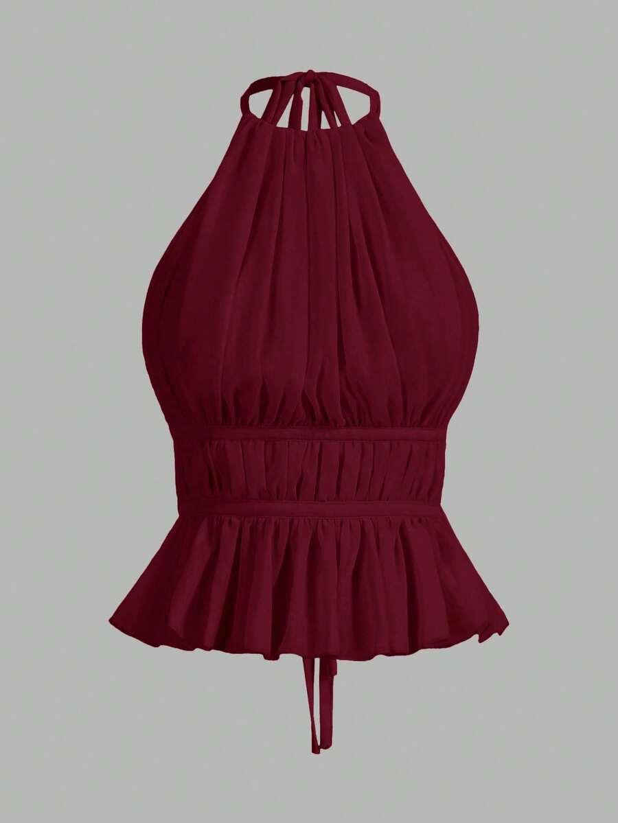 maroon pleated halter neck waist-tied backless tank top