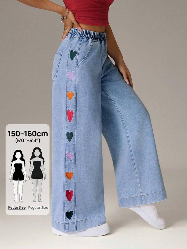 light wash heart embroidered wide leg jeans