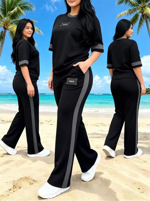 black and grey colorblock short-sleeve top and trousers set