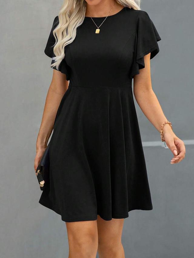 black flutter sleeve fit and flare dress
