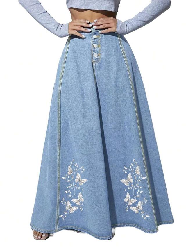 flared maxi denim skirt with butterfly embroidery
