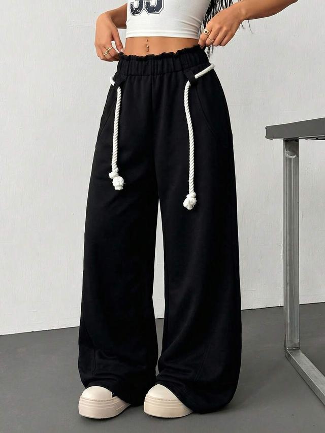 women's casual black paper bag waist wide leg joggers