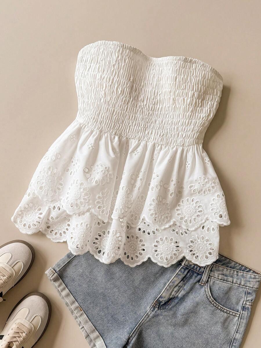 white shirred waist tiered eyelet cotton blouse
