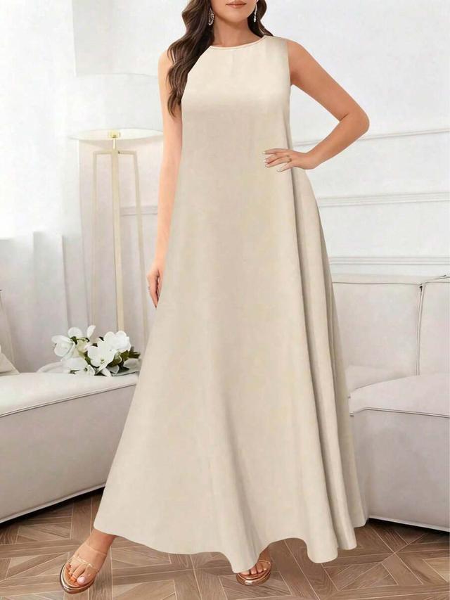 elegant solid beige round neck sleeveless loose dress