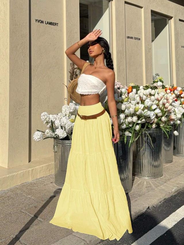 women's yellow pleated ruched hem a-line skirt
