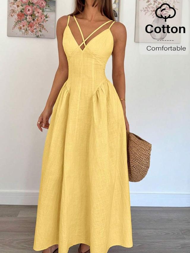 pale yellow crossover strap a-line linen midi dress