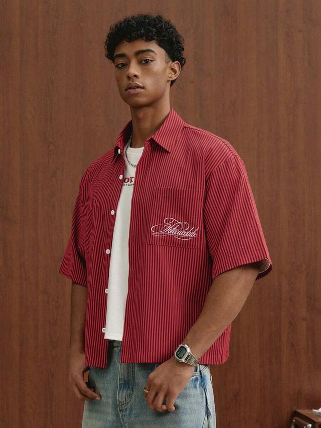 red striped short sleeve shirt with graphic print