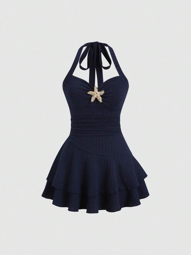navy blue textured halter neck ruffled mini dress