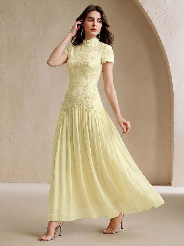 pale yellow floral embroidered jacquard midi dress
