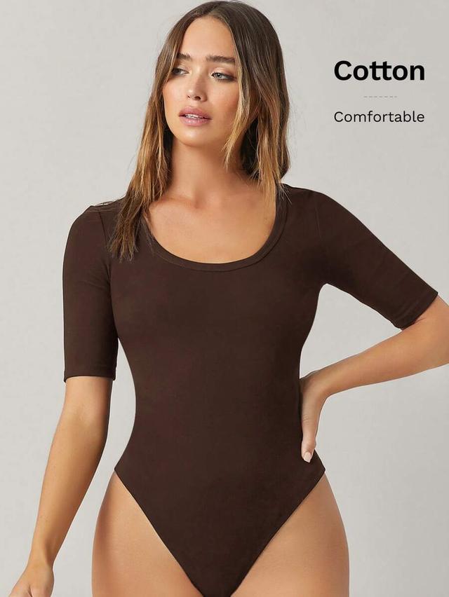 brown cotton scoop neck form fitted bodysuit