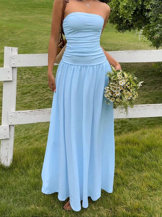 light blue strapless ruched maxi dress