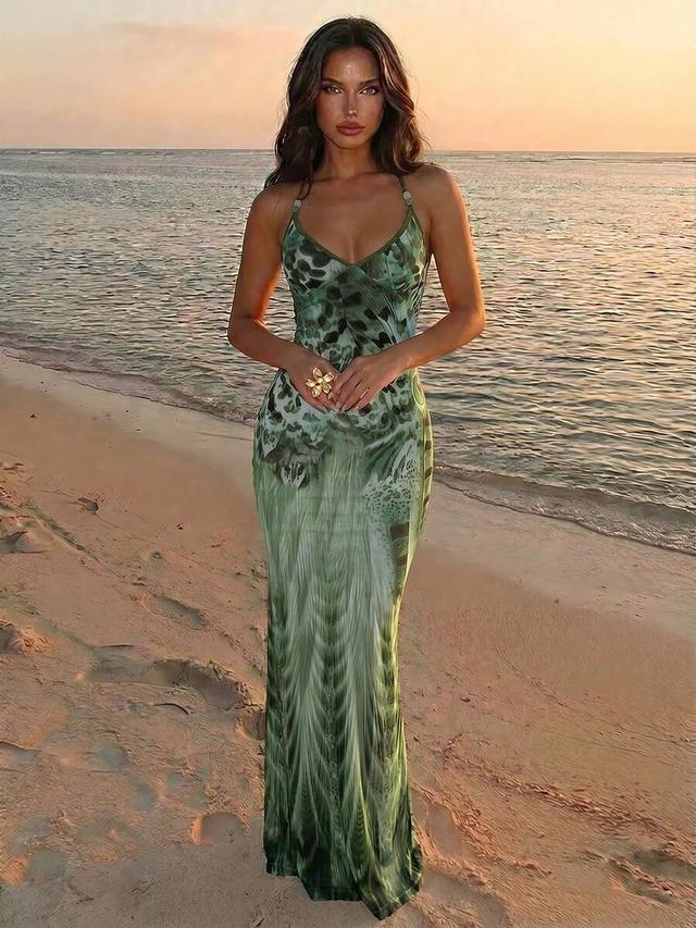 green printed sleeveless maxi slip dress