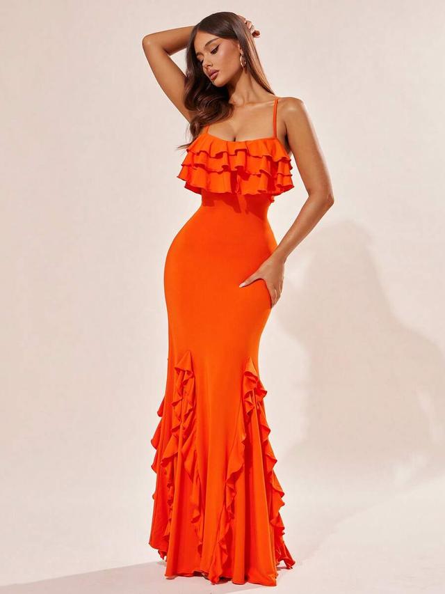 orange multilayered ruffle spaghetti strap bodycon dress