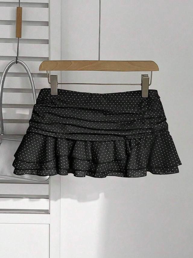 black polka dot pleated ruffle hem mini skirt