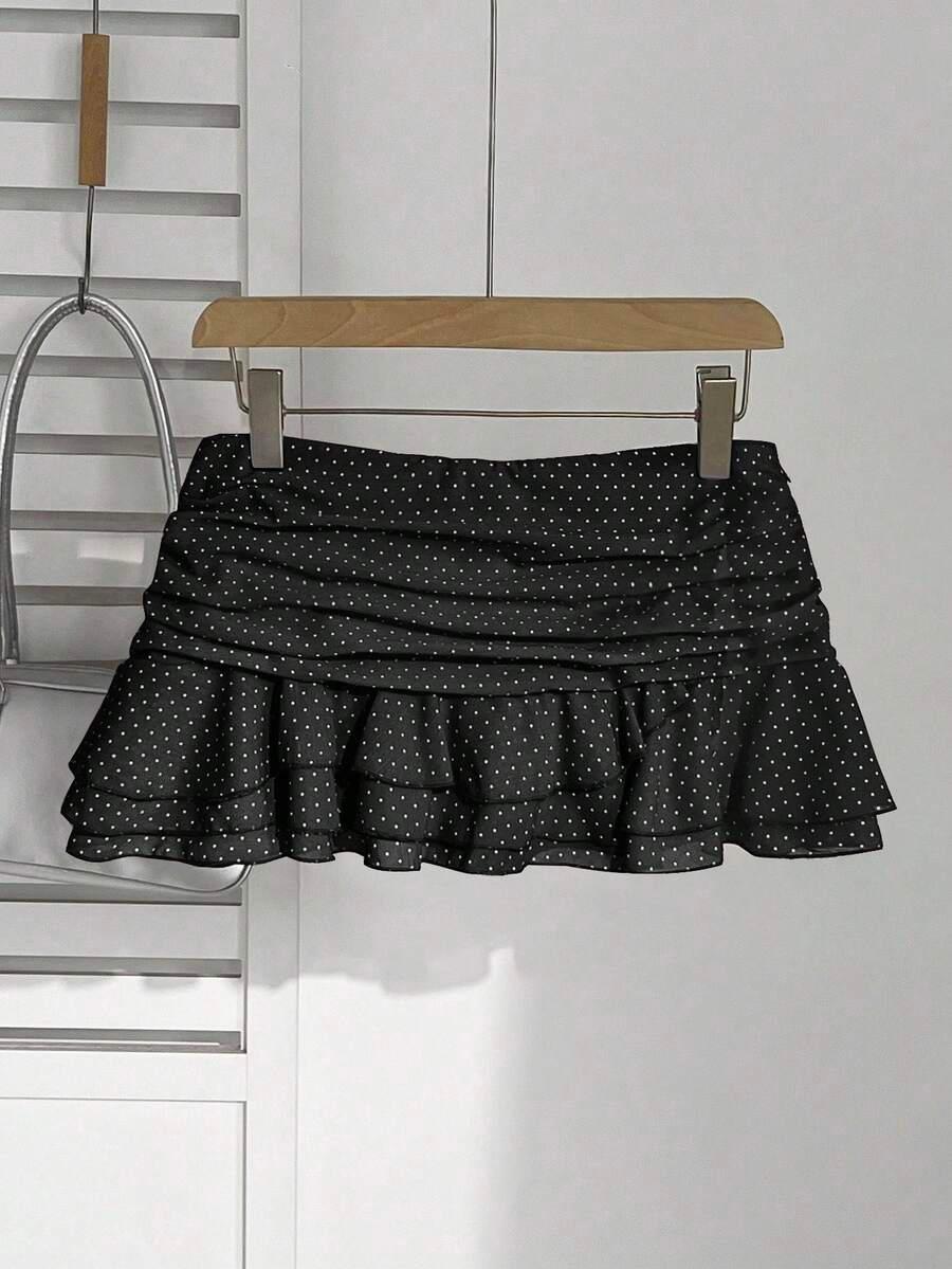black polka dot pleated ruffle hem mini skirt