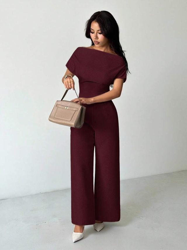 burgundy off shoulder blouse and wide leg pants