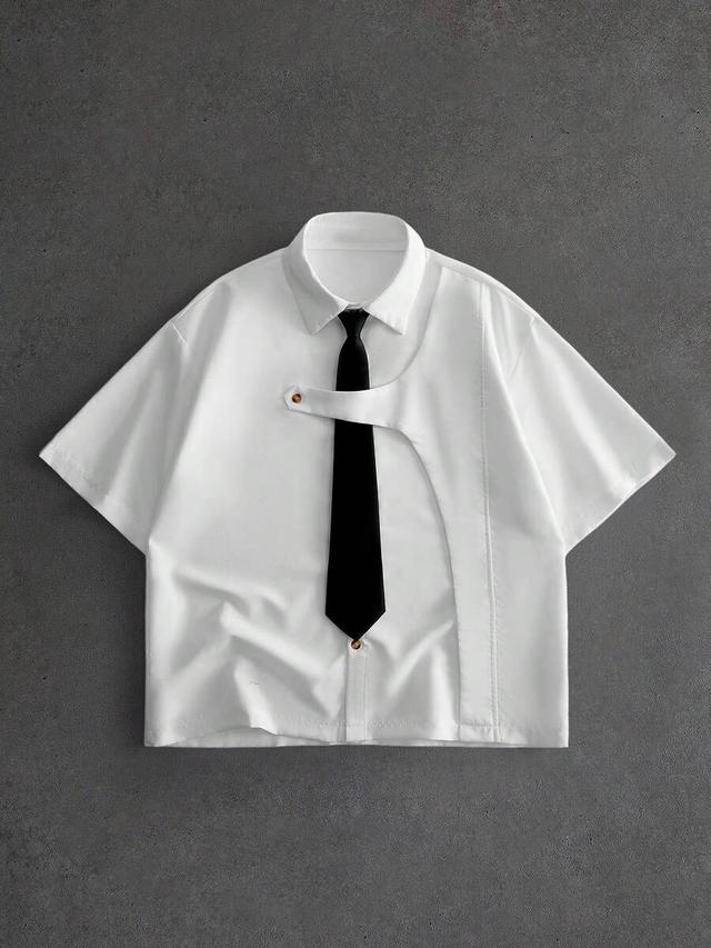 white short sleeve deconstructed casual shirt with tie