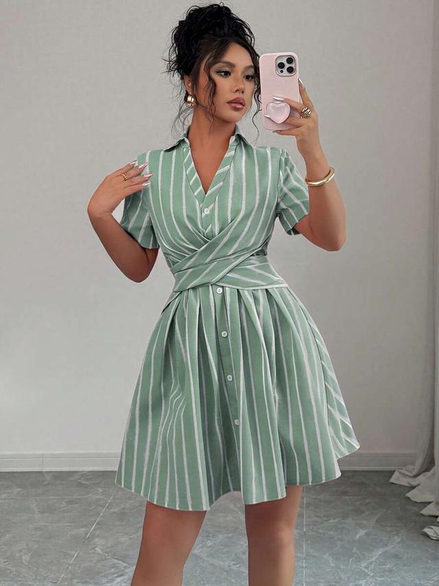 casual elegant v-neck criss-cross tie waist shirt dress