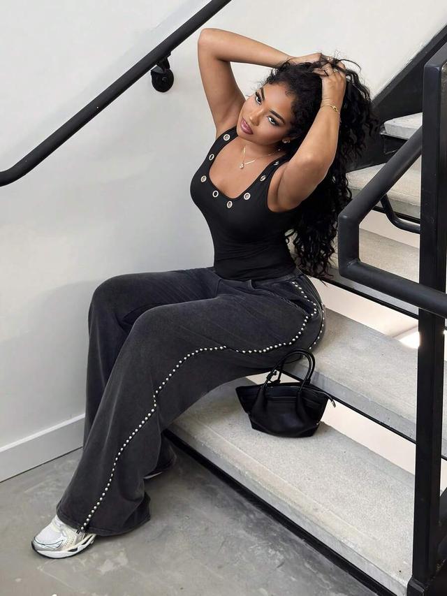 charcoal washed denim loose fit sweatpants with rhinestone trim