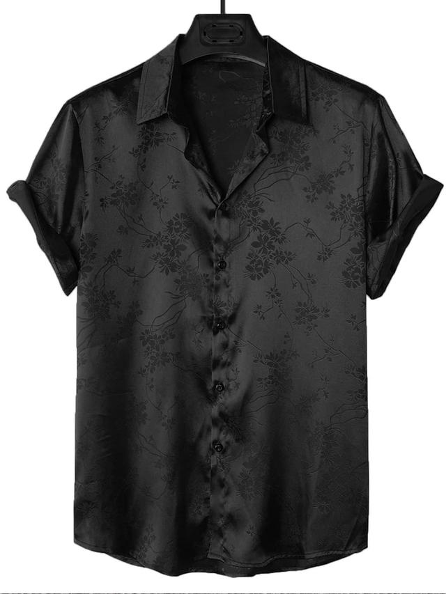 black floral jacquard satin short sleeve shirt