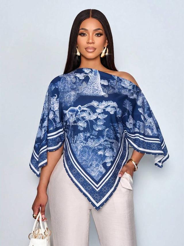blue and white printed asymmetric batwing blouse