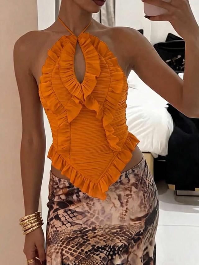 orange burnt orange ruched halter top with ruffle trim