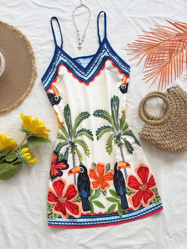 tropical print sleeveless summer beach sundress
