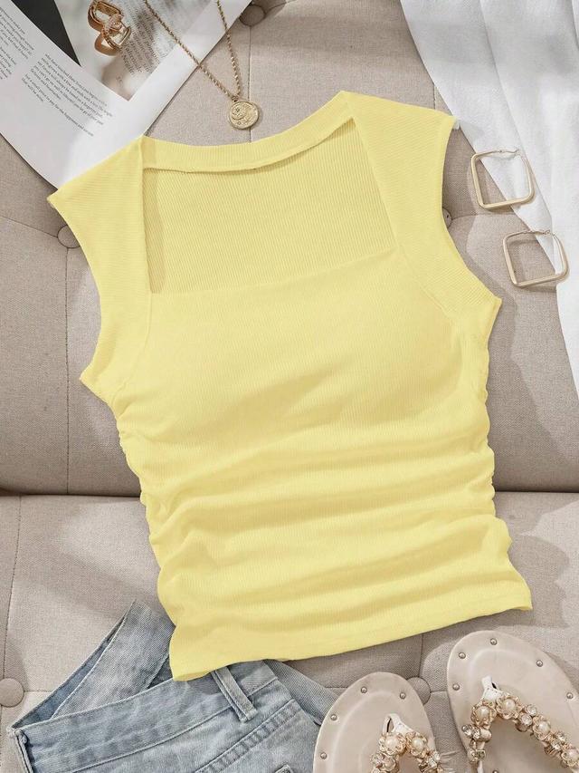 yellow square neck ruched ribbed camisole top