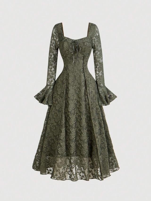 olive green lace sweetheart neck flared sleeve dress