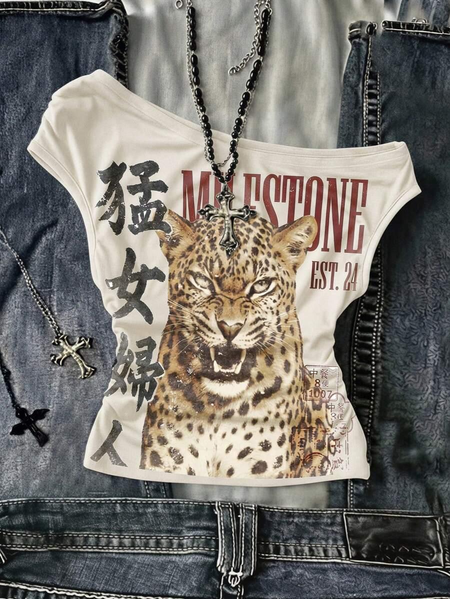 white graphic asymmetric ruched leopard print y2k cropped top
