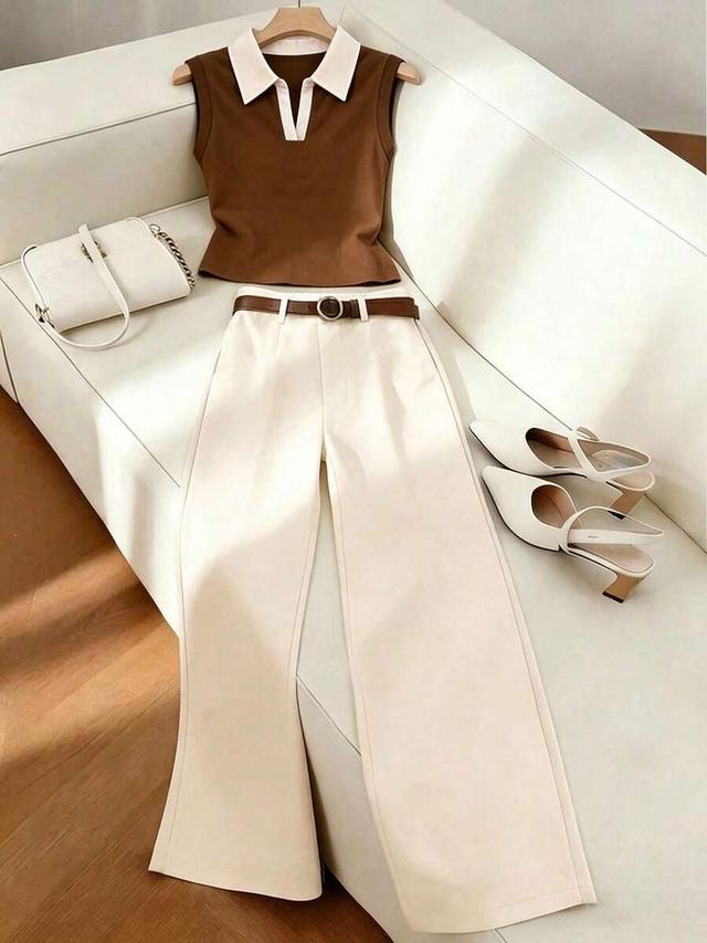 beige wide leg trousers with elastic waist