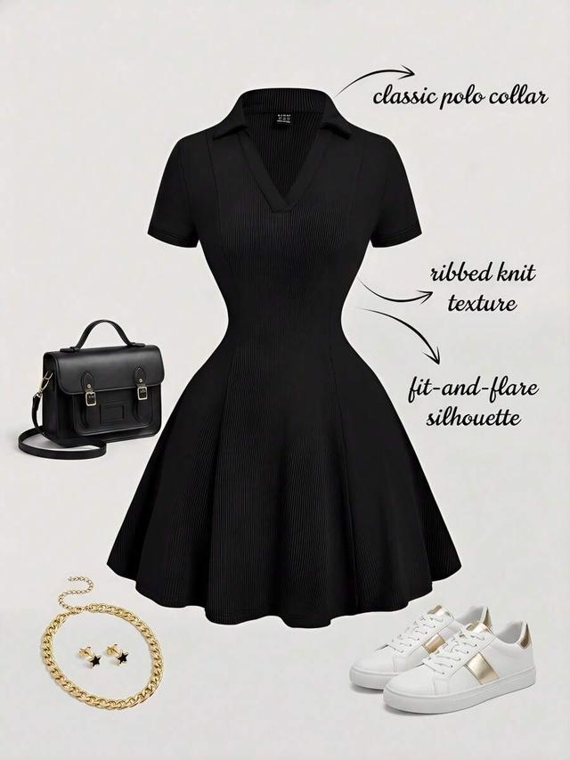 black ribbed polo collar fit and flare dress