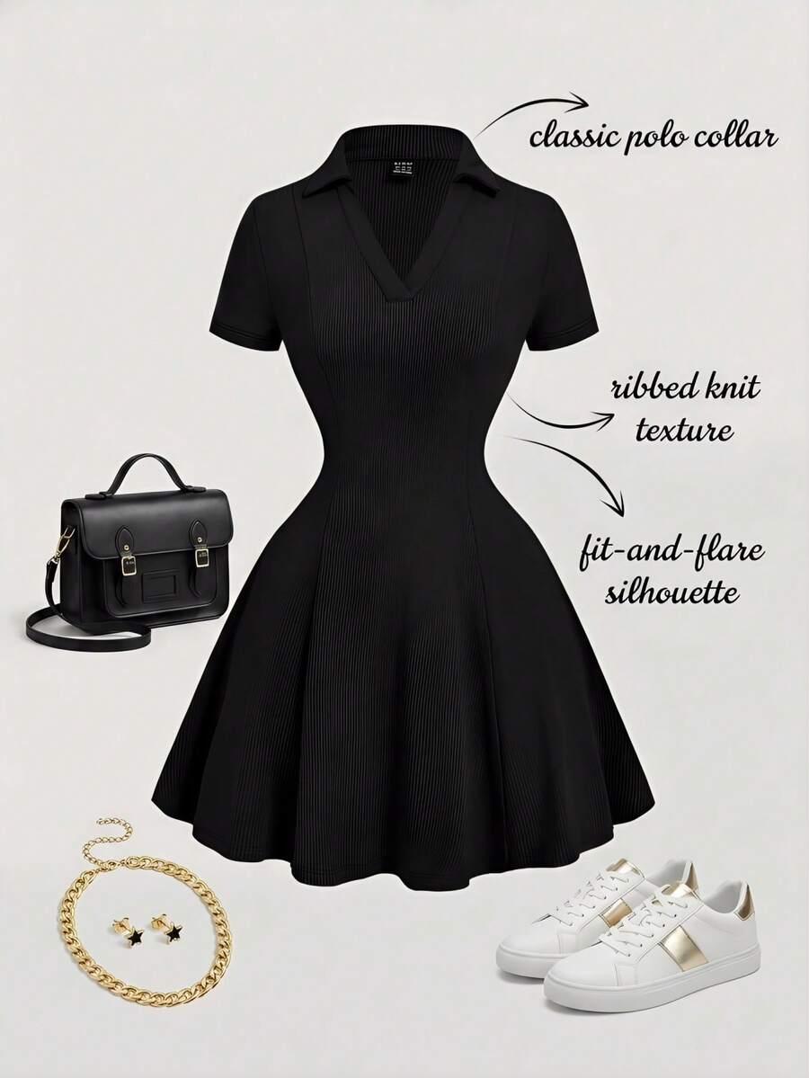 black ribbed polo collar fit and flare dress
