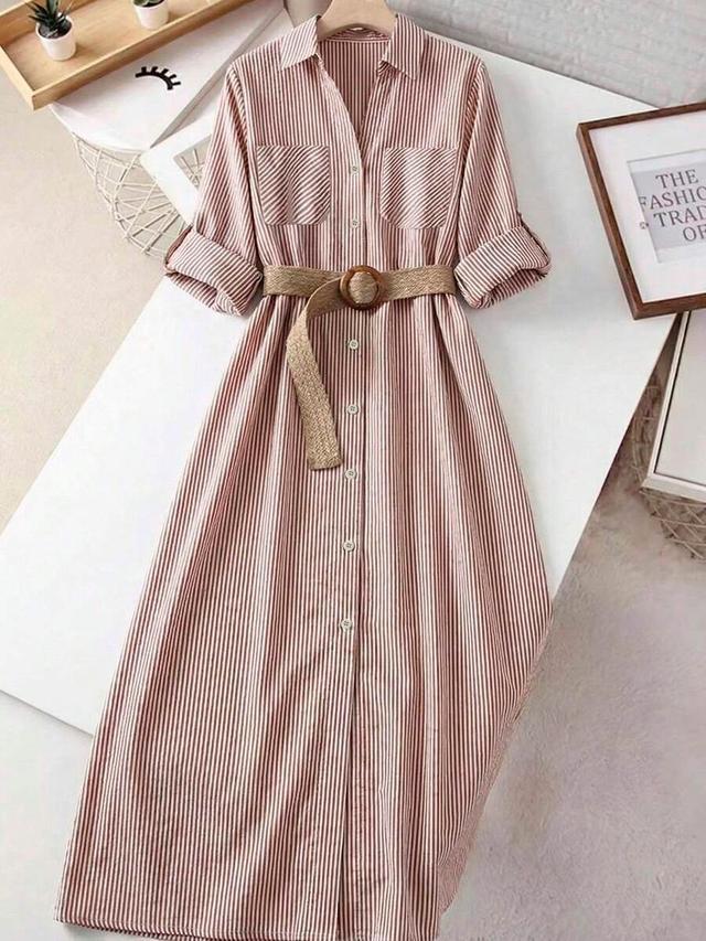 red and white striped button front shirt dress