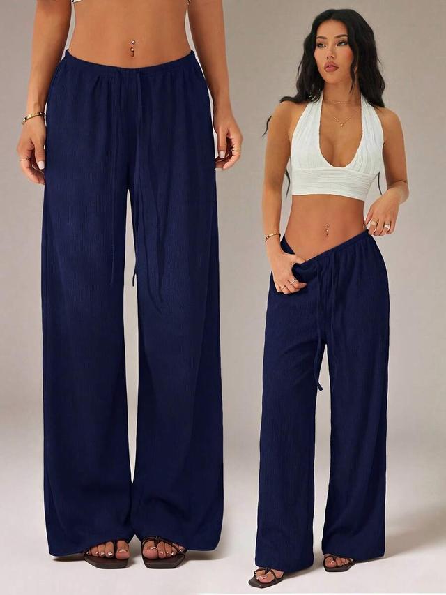 solid navy blue wide leg tie waist trousers