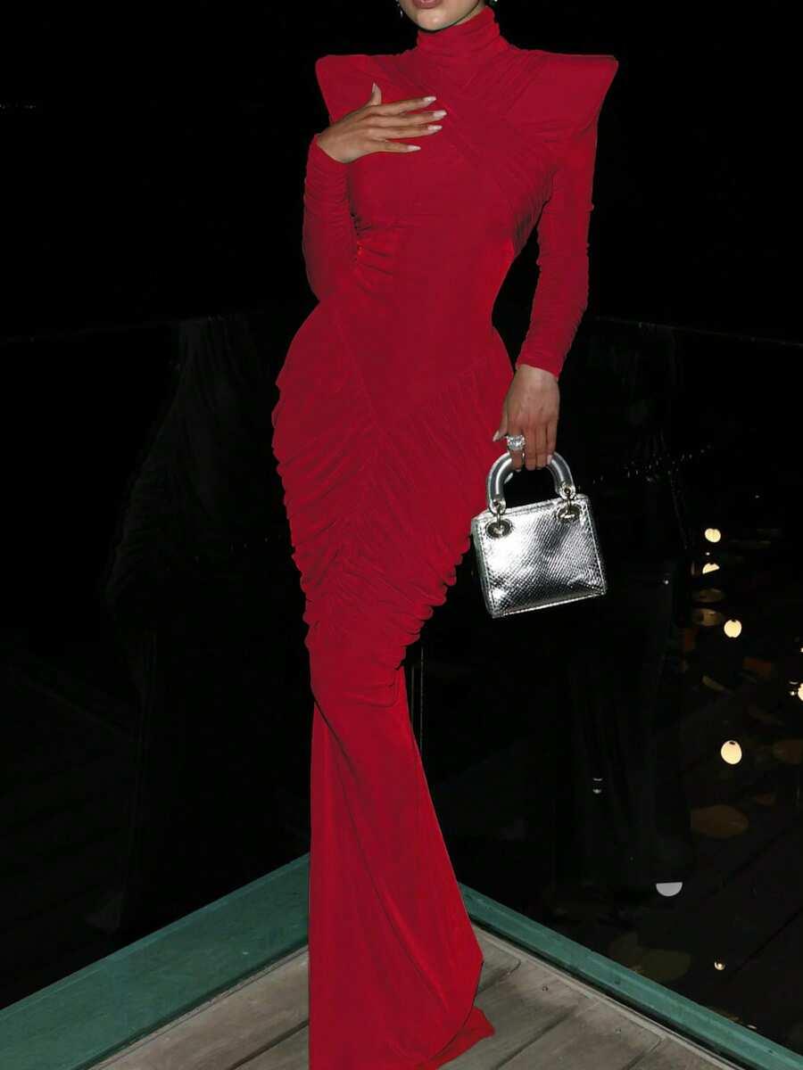 high collar fitted red backless evening dress