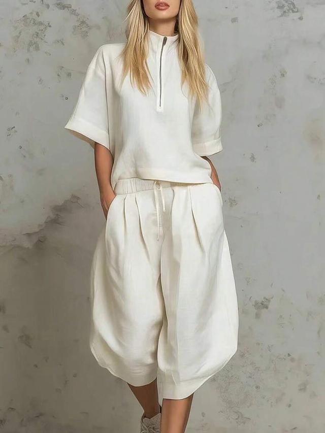 textured off-white mandarin collar top and capri set