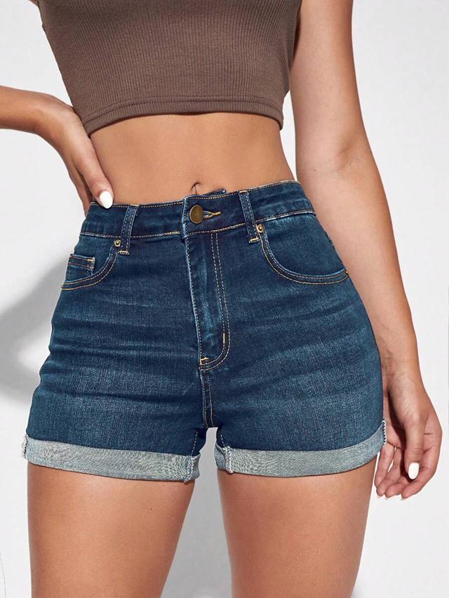 dark wash high waisted cuffed denim shorts