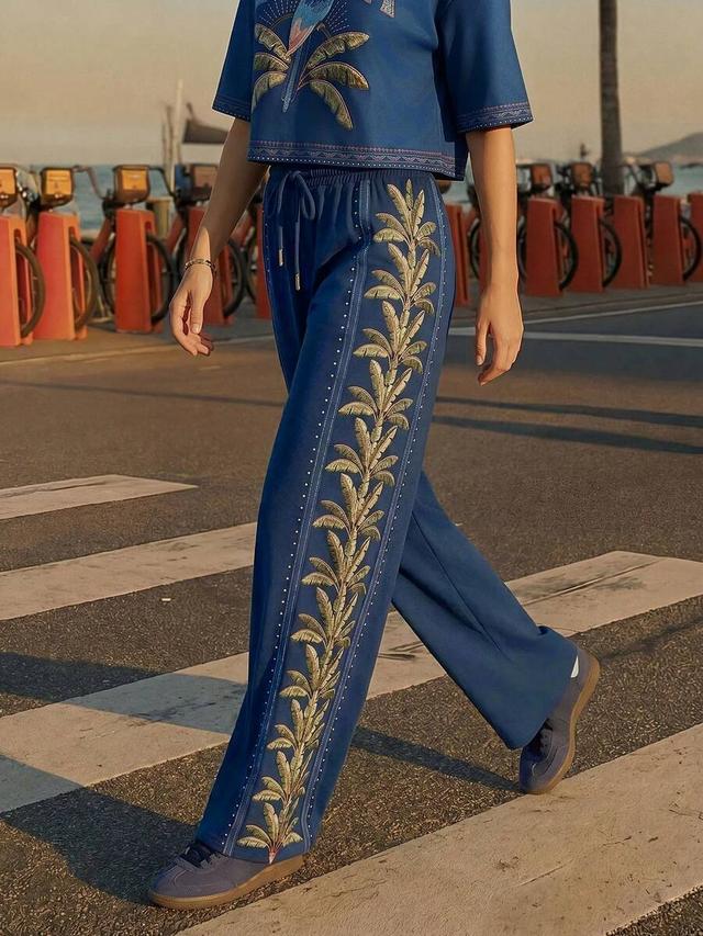 blue drawstring waist coconut tree embroidered casual sweatpants
