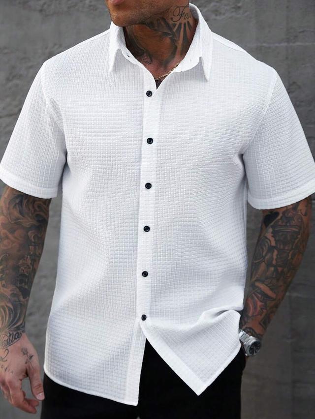 white textured short sleeve button down shirt