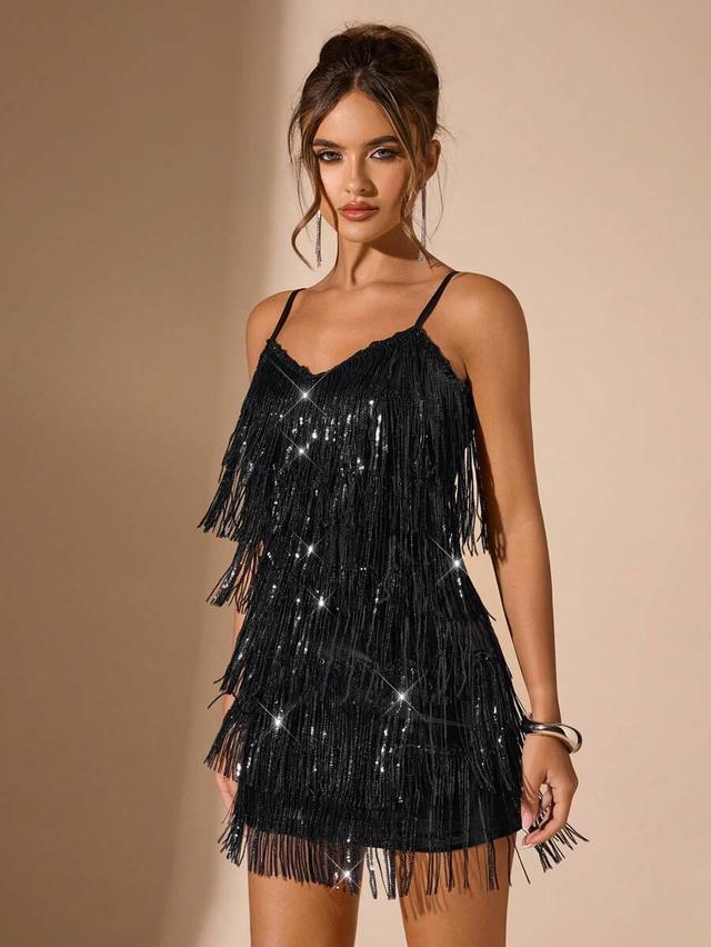 black sequin and tassel spaghetti strap mini dress