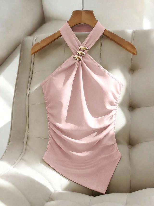 pink metal decorated sleeveless knit halter crop top