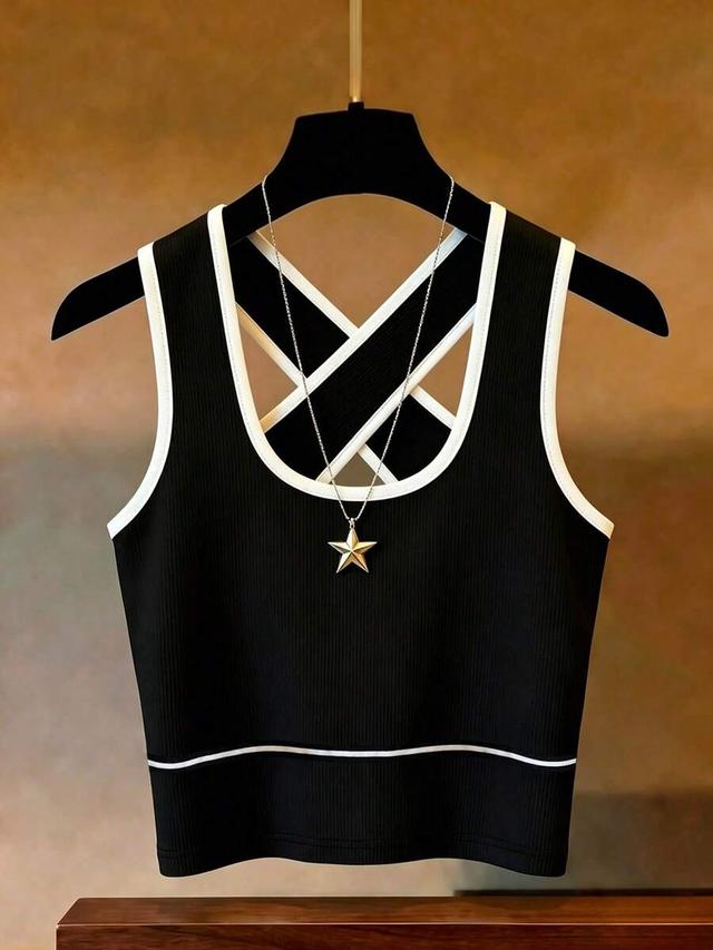 black and white contrast ribbed criss-cross tank top
