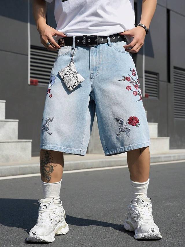 embroidered light wash wide leg denim shorts
