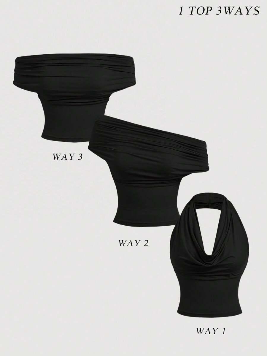 solid black draped neck versatile halter tank top