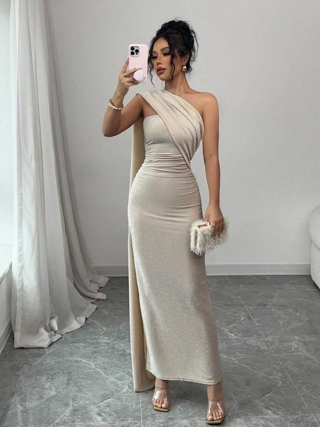 apricot asymmetrical shoulder ruched bodycon maxi dress