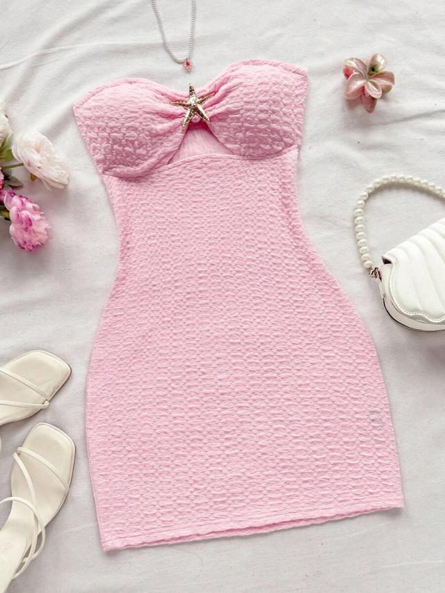 light pink strapless textured hollow out mini dress