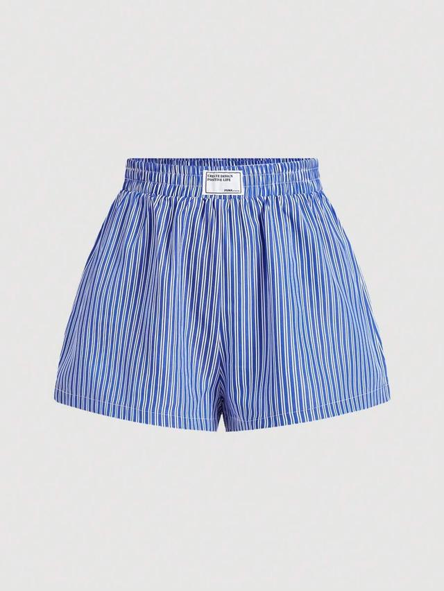 blue and white striped elastic waistband shorts